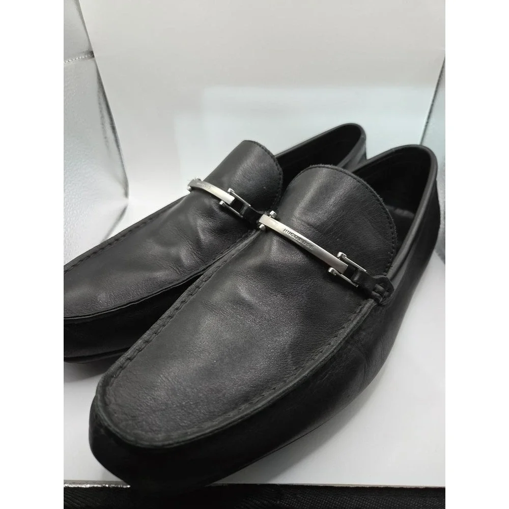 Hugo Boss Mens Black Leather Bit Loafers‎ Dress Shoes Silver Hardware Slip On